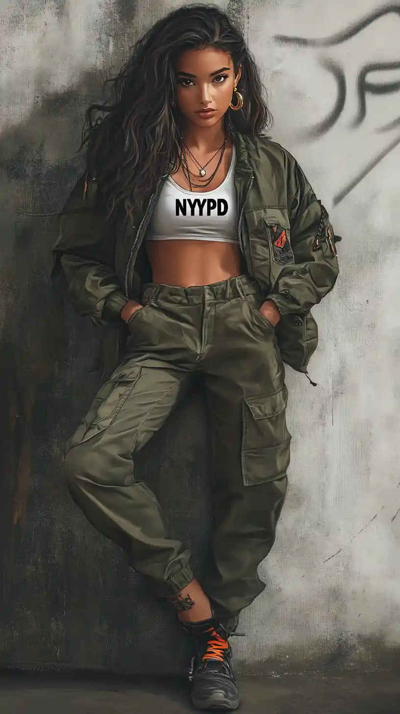 Giovane donna in streetwear appoggiata a un muro di cemento