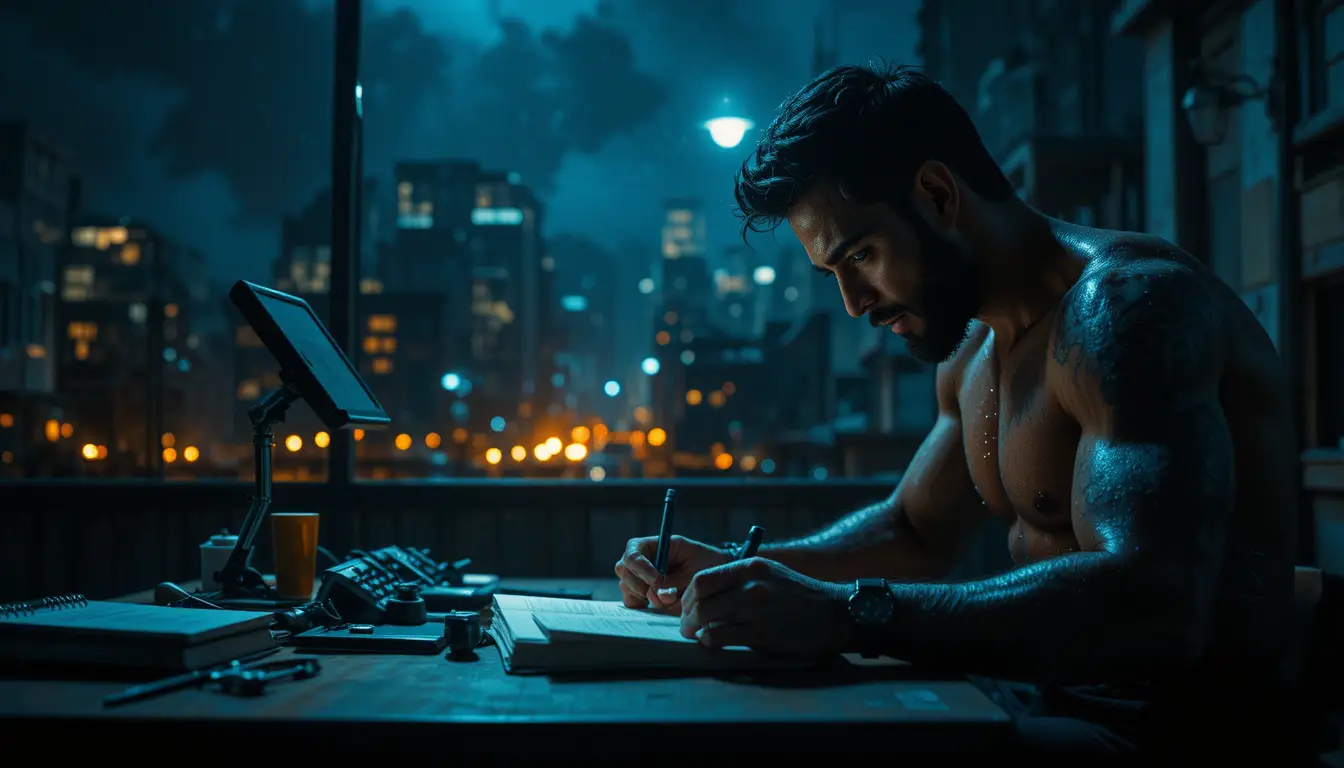 Determined man training and studying alone in dark city night