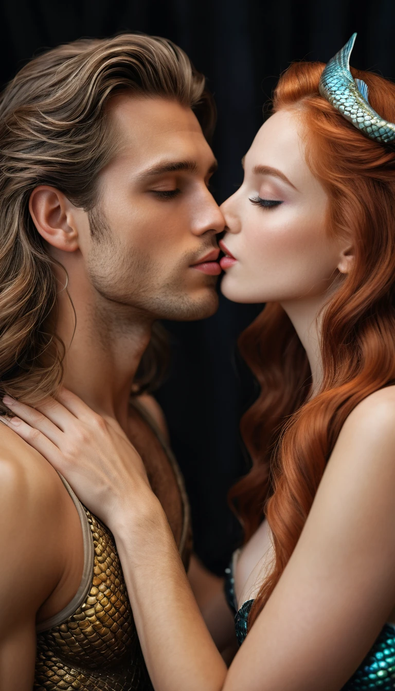 Joven besando a una hermosa sirena en una pose íntima