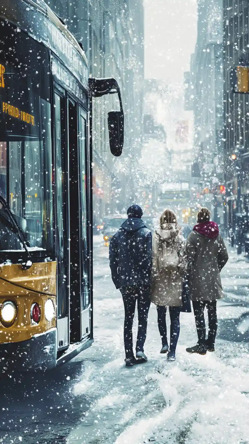 Persone in attesa a una fermata dell’autobus cittadina innevata in inverno