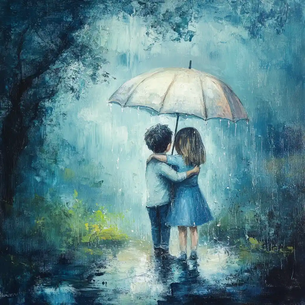 Two children hugging under an umbrella in gentle rain