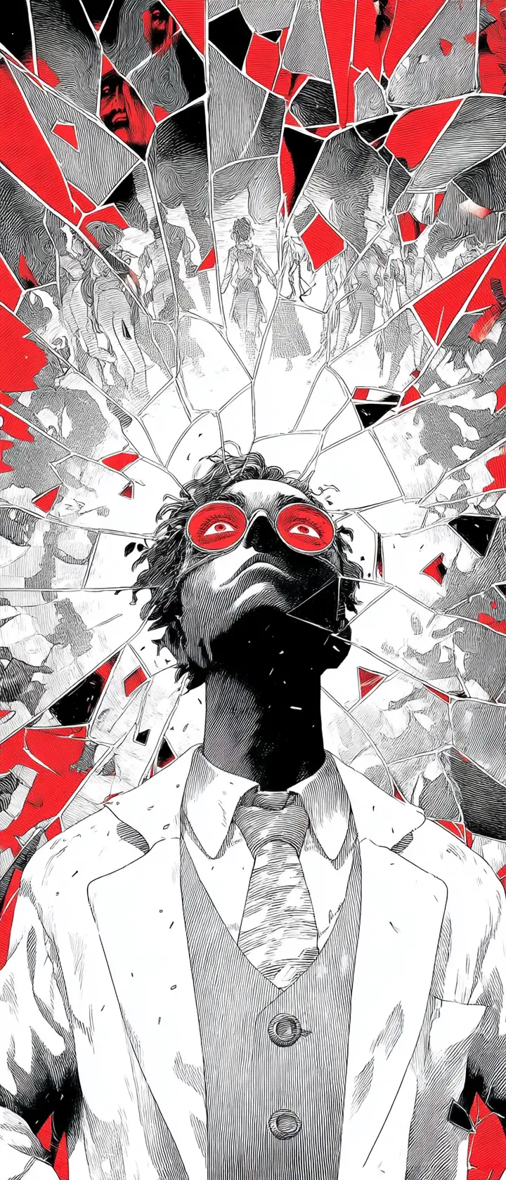 Masked illusionist shattering a mirror with psychic energy