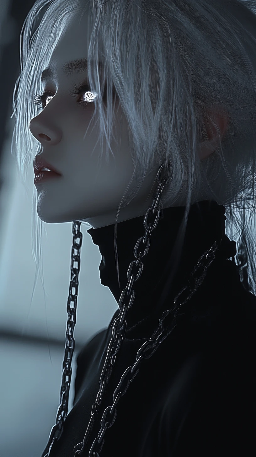 Anime girl with glowing white hair in dark fantasy chains