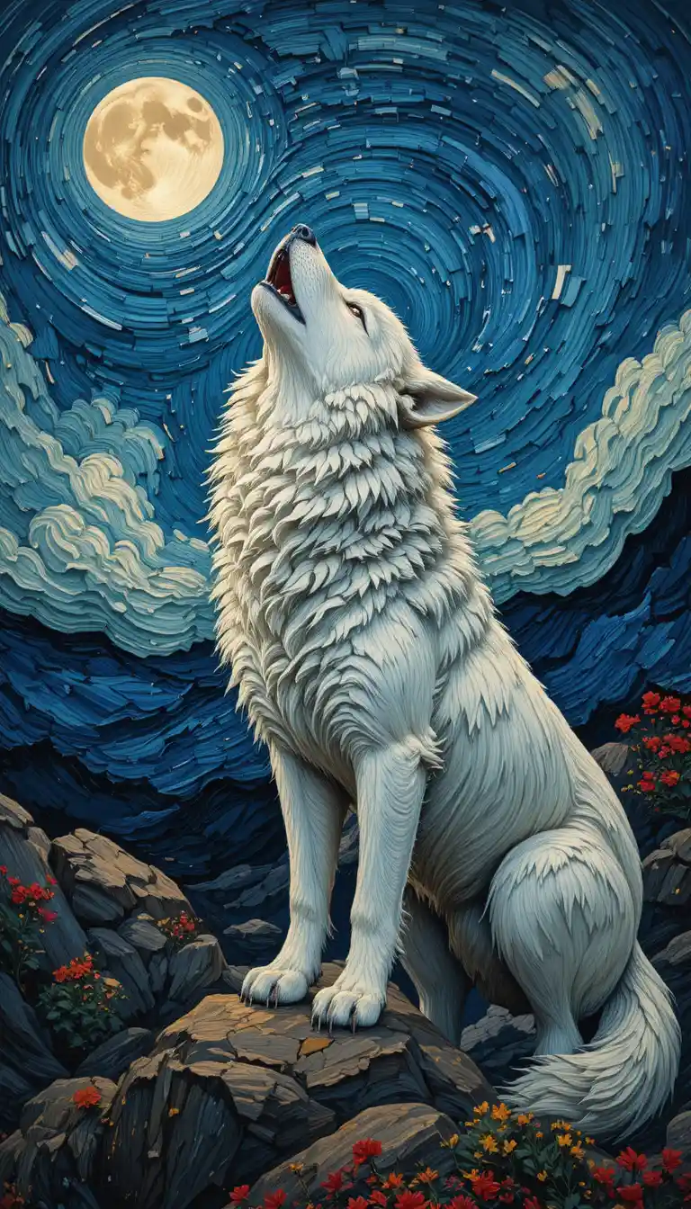 White wolf howling beneath a swirling moonlit sky