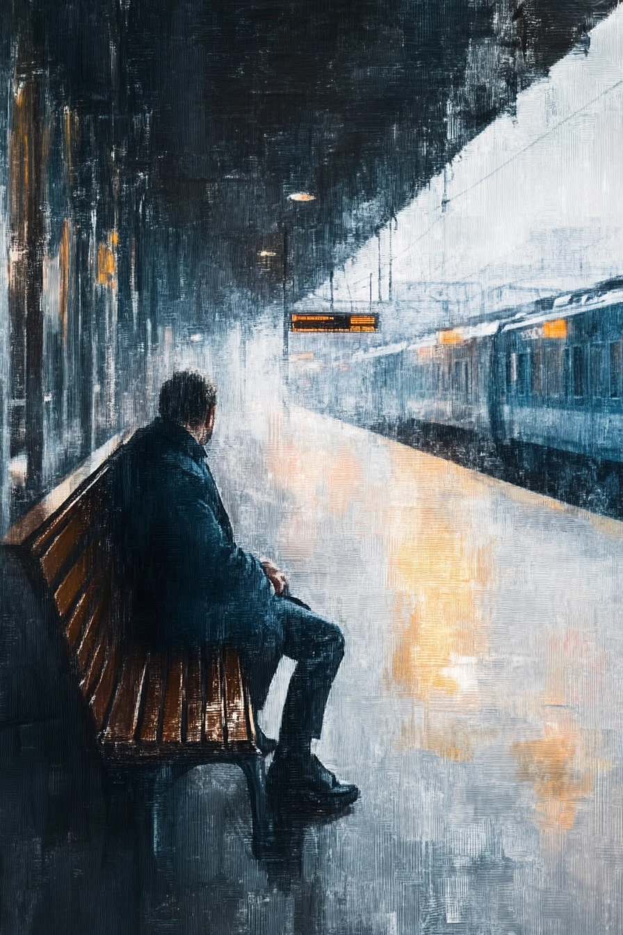 Hombre mayor esperando en estación urbana de tren en invierno