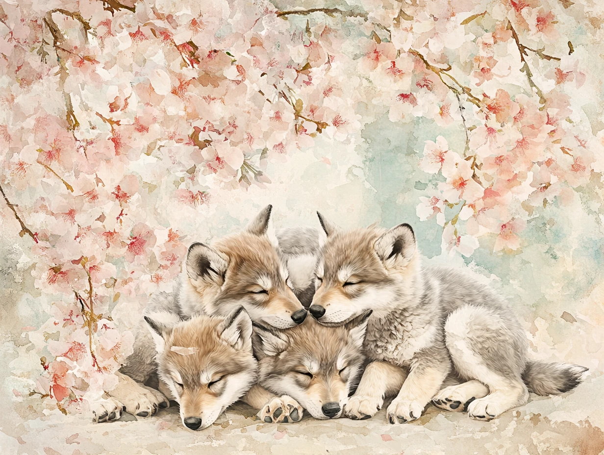 Watercolor wolf pups cuddling under cherry blossom tree