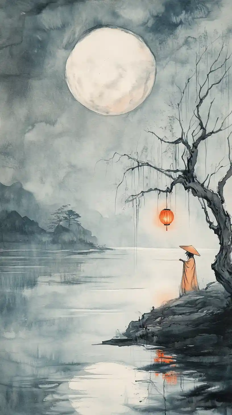 Viaggiatore sulla riva del lago al chiaro di luna con lanterna accanto all’acqua quieta