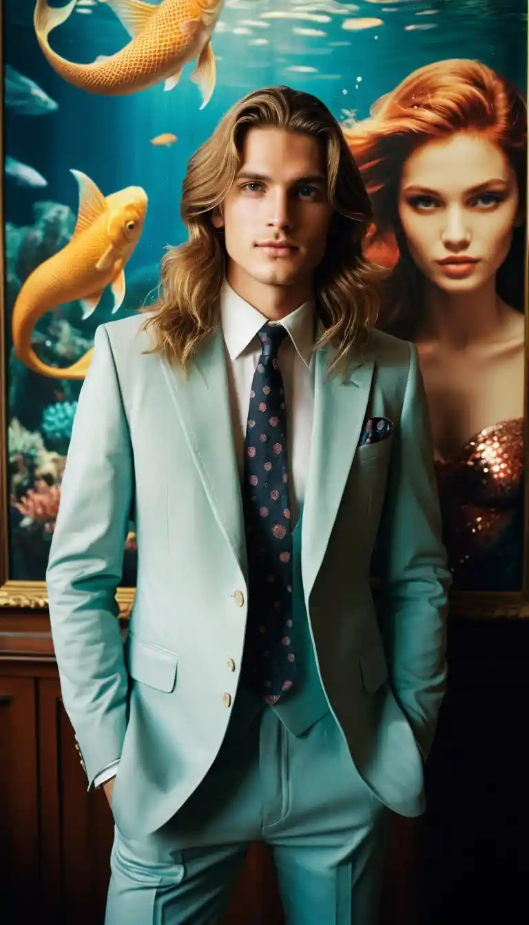 Stylish young man before epic mermaid painting portrait