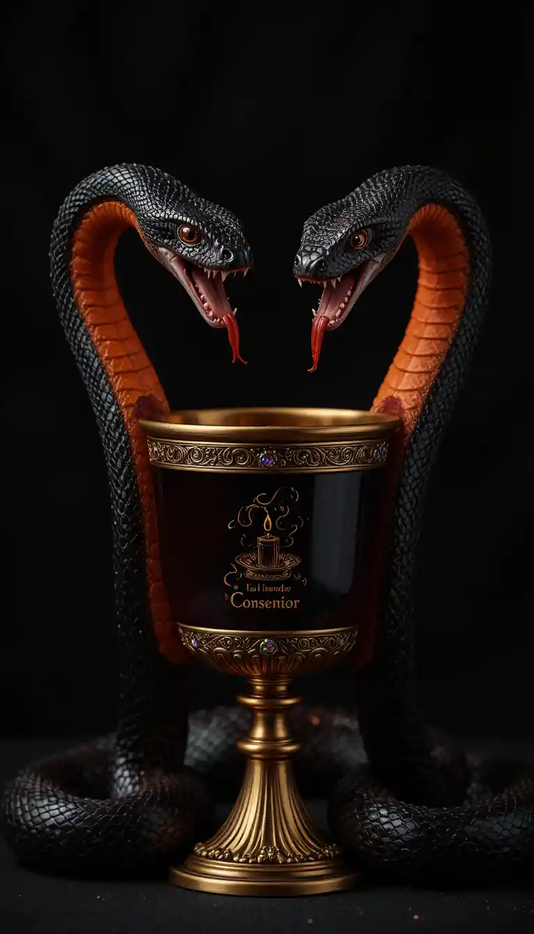 Twin snakes guarding an antique gold cup of red wine