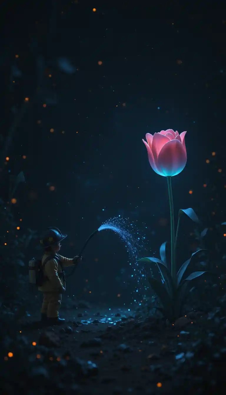 Kleiner Feuerwehrmann gießt eine Tulpe vor schwarzem, minimalistischem Hintergrund