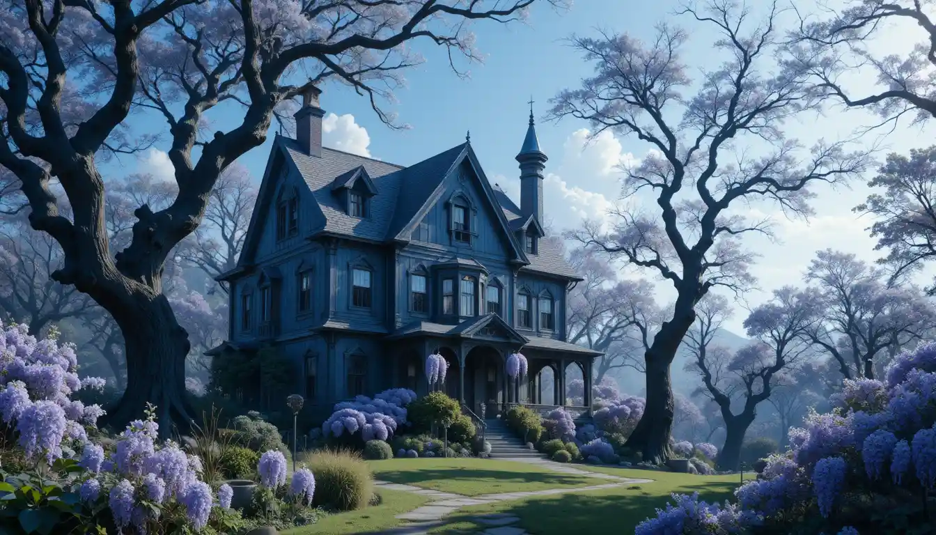 Mystical blue house under wisteria in an ancient forest