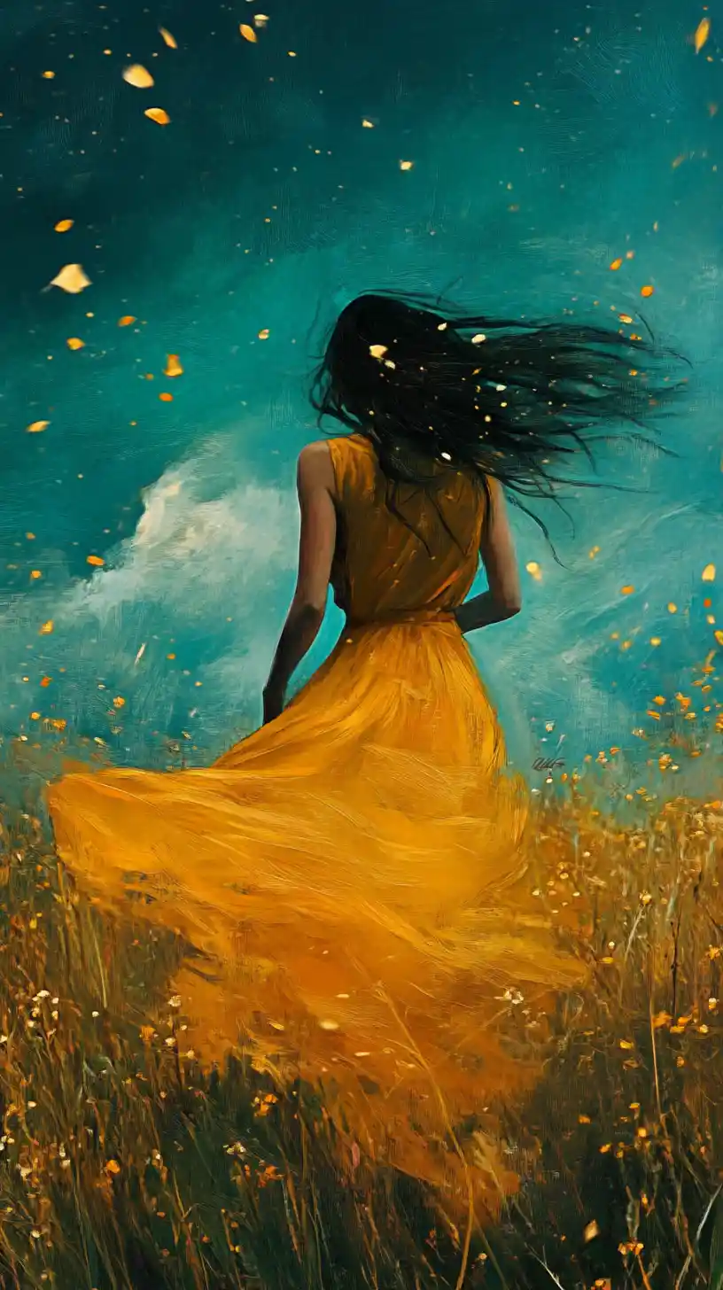 Junge Frau im gelben Kleid geht durch ein goldenes Feld