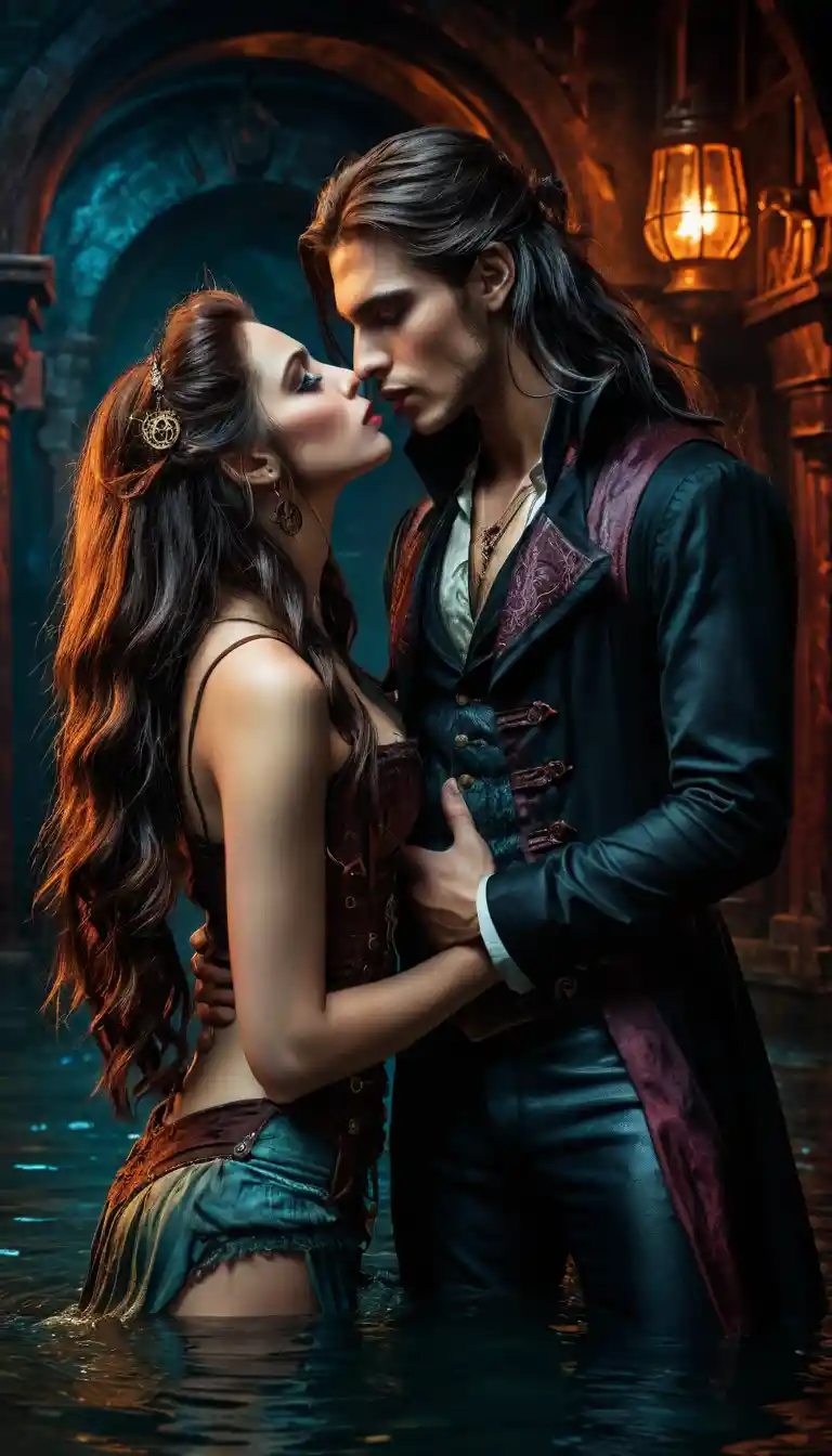 Romantic vampire and mermaid kiss in dark steampunk waters