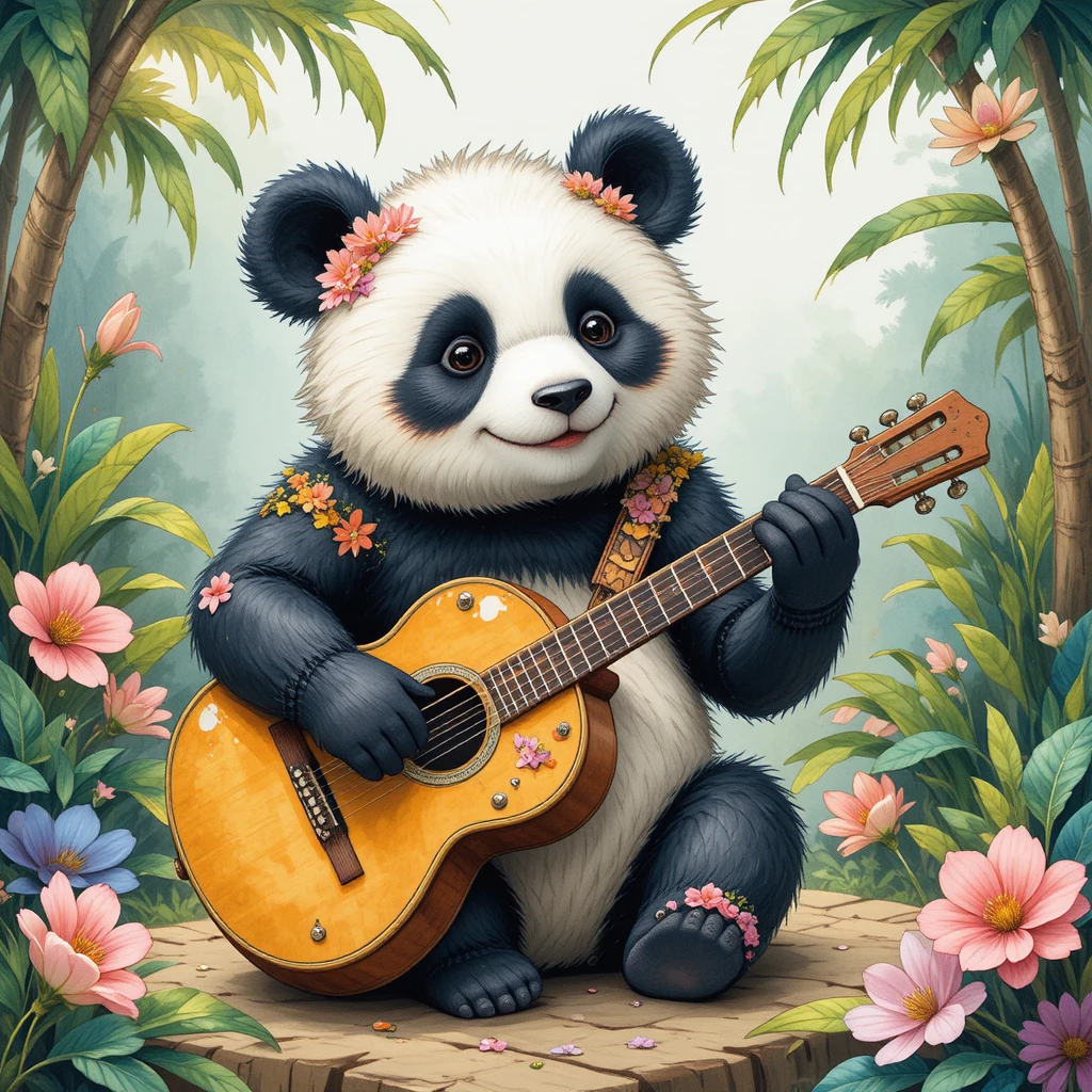 Panda alegre tocando guitarra y trompeta en un bosque tropical
