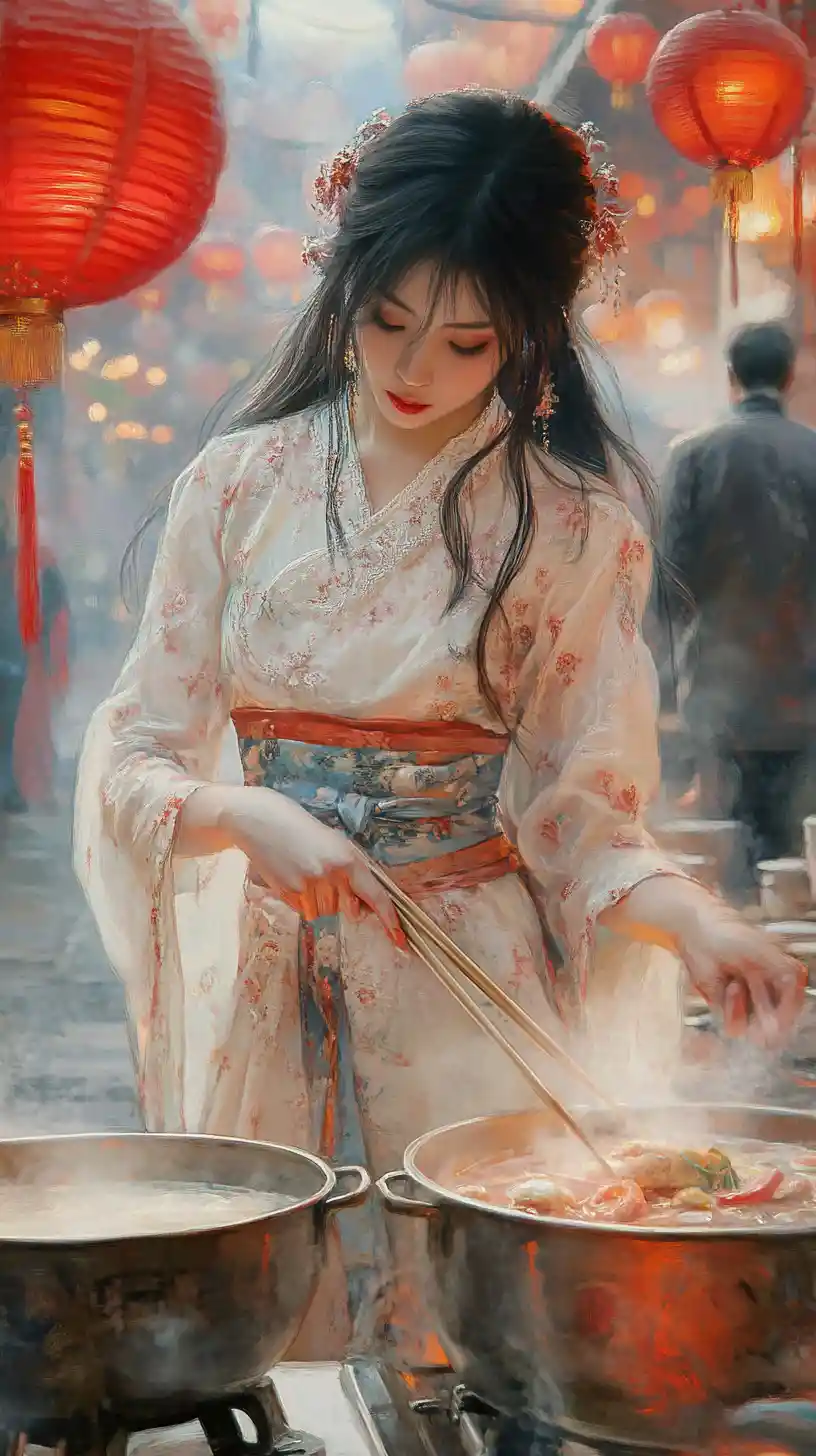 Giovane venditrice di strada asiatica che cucina sotto lanterne rosse