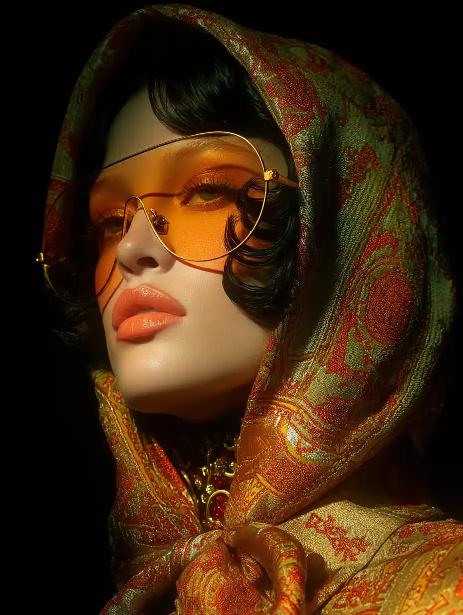 Close up of glamorous model in hooded silk gown and sunglasses