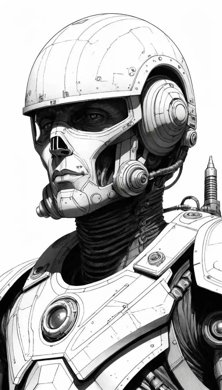 Sorrowful exoskeleton warrior close up in sci fi illustration