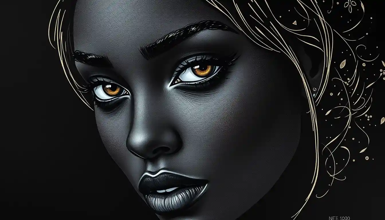 Elegant black woman portrait in white and gold line art
