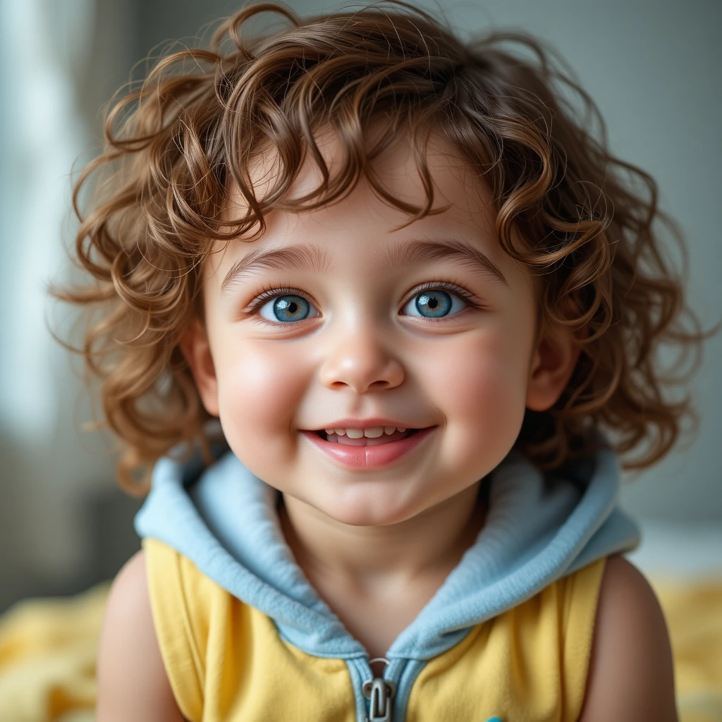 Smiling baby boy with blue eyes in a light blue hoodie
