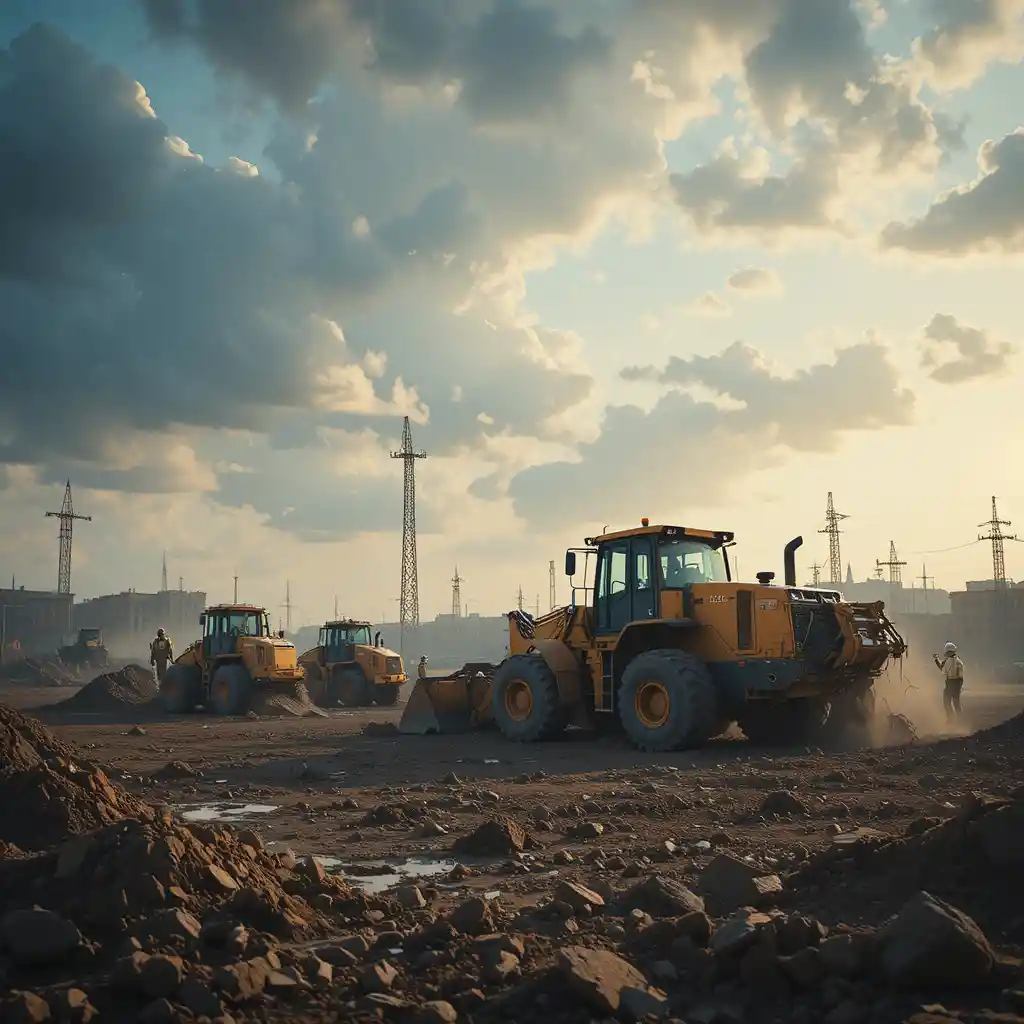 Bulldozers clearing an urban construction site at dusk