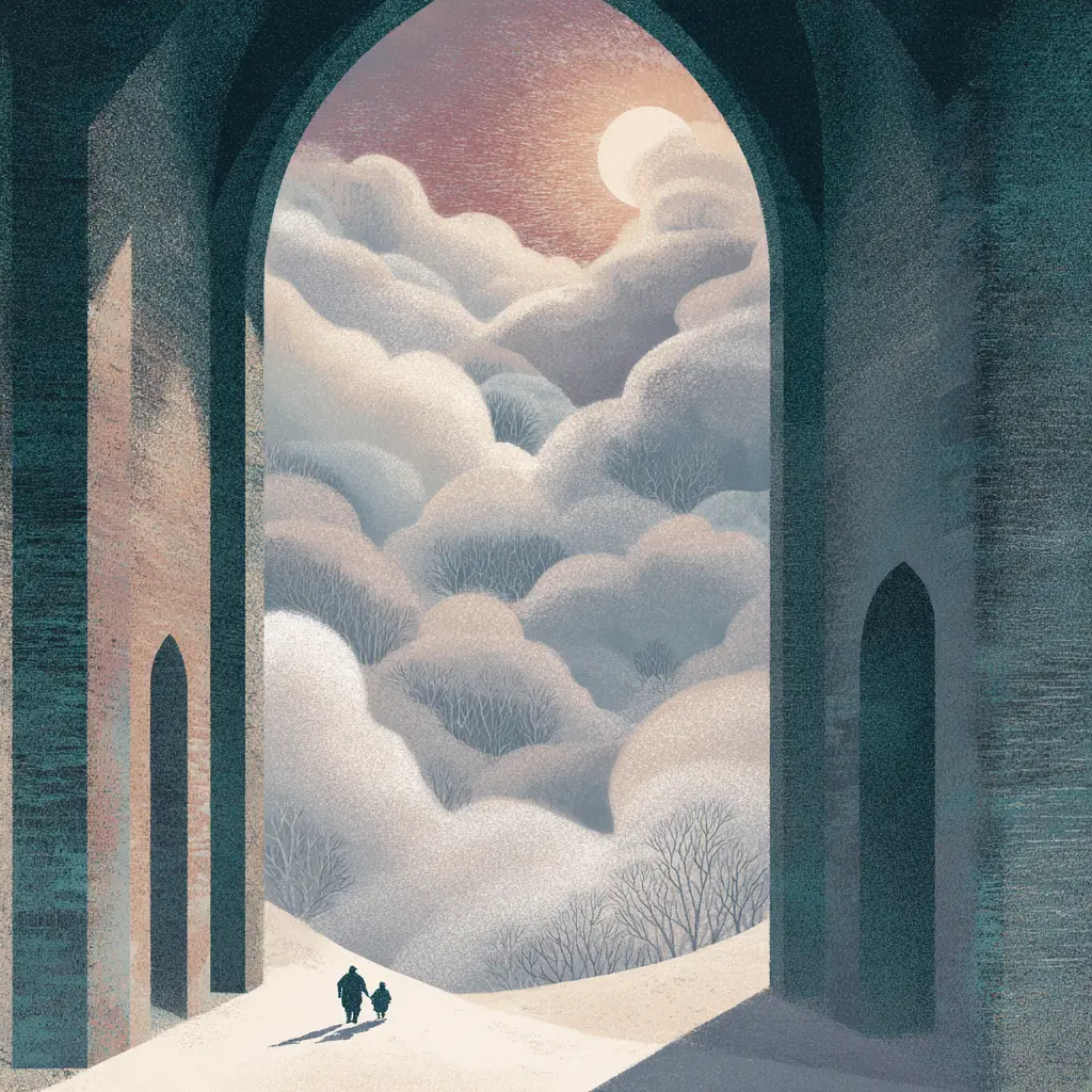 Two boys wander through a surreal cathedral of clouds