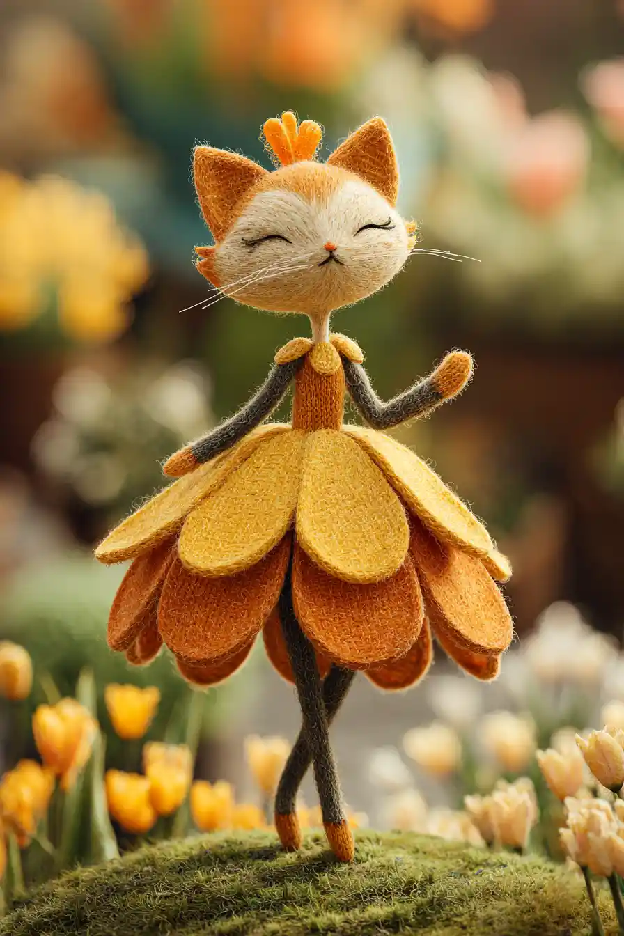 Anthropomorphic cat model posing on a crocus flower meadow