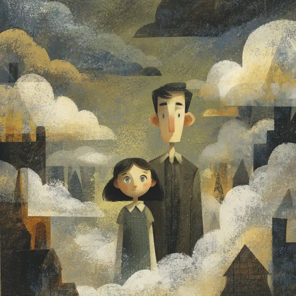 Two boys wandering through a surreal cathedral of clouds