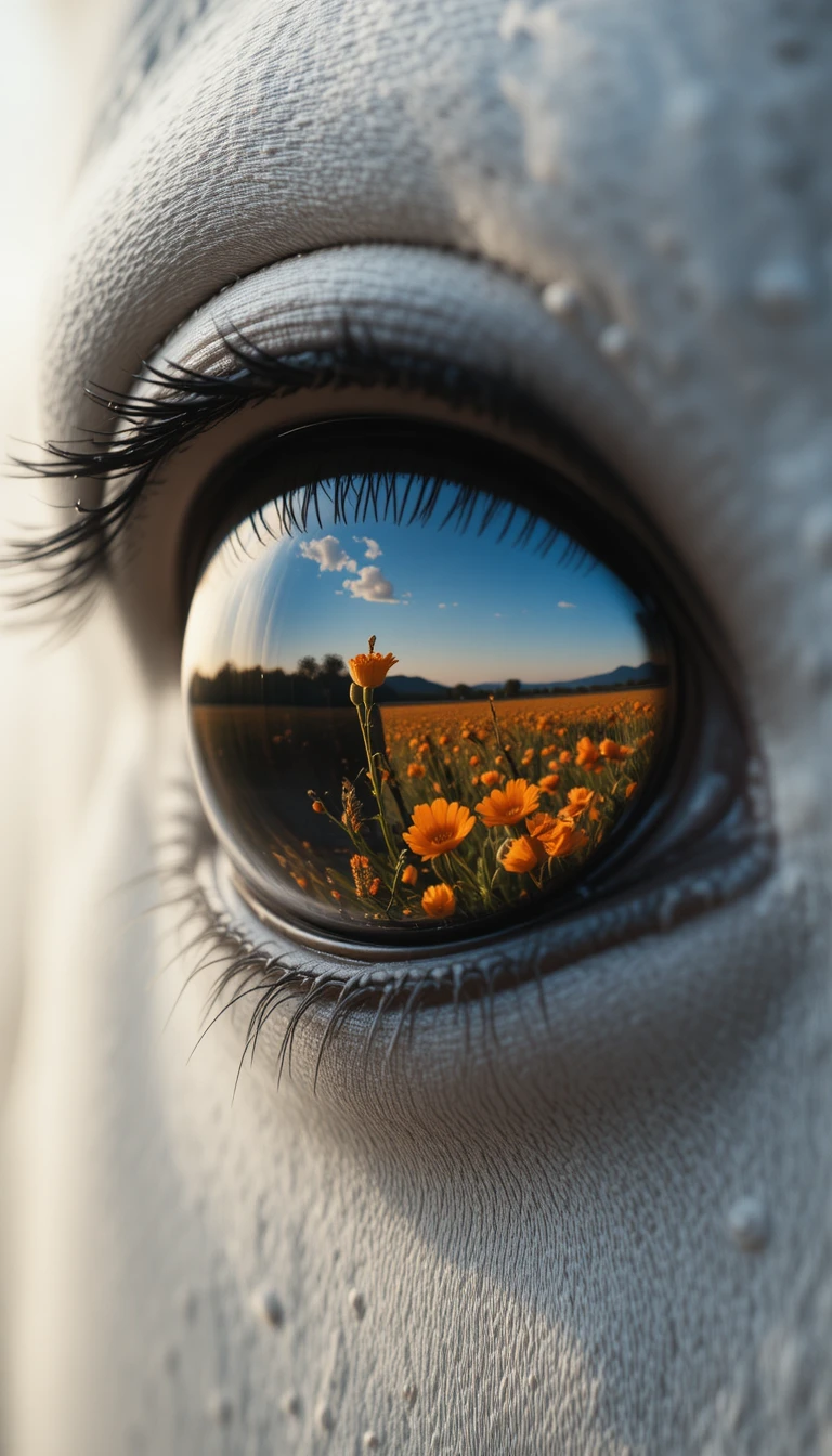 Extreme close up of a white horse eye with flower reflection