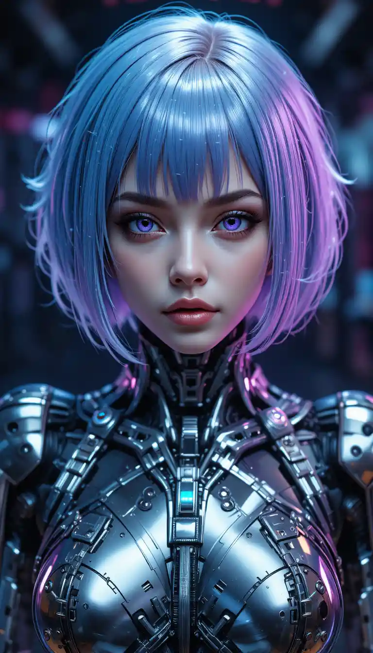Cyberpunk mecha woman with luminous eyes and metal body