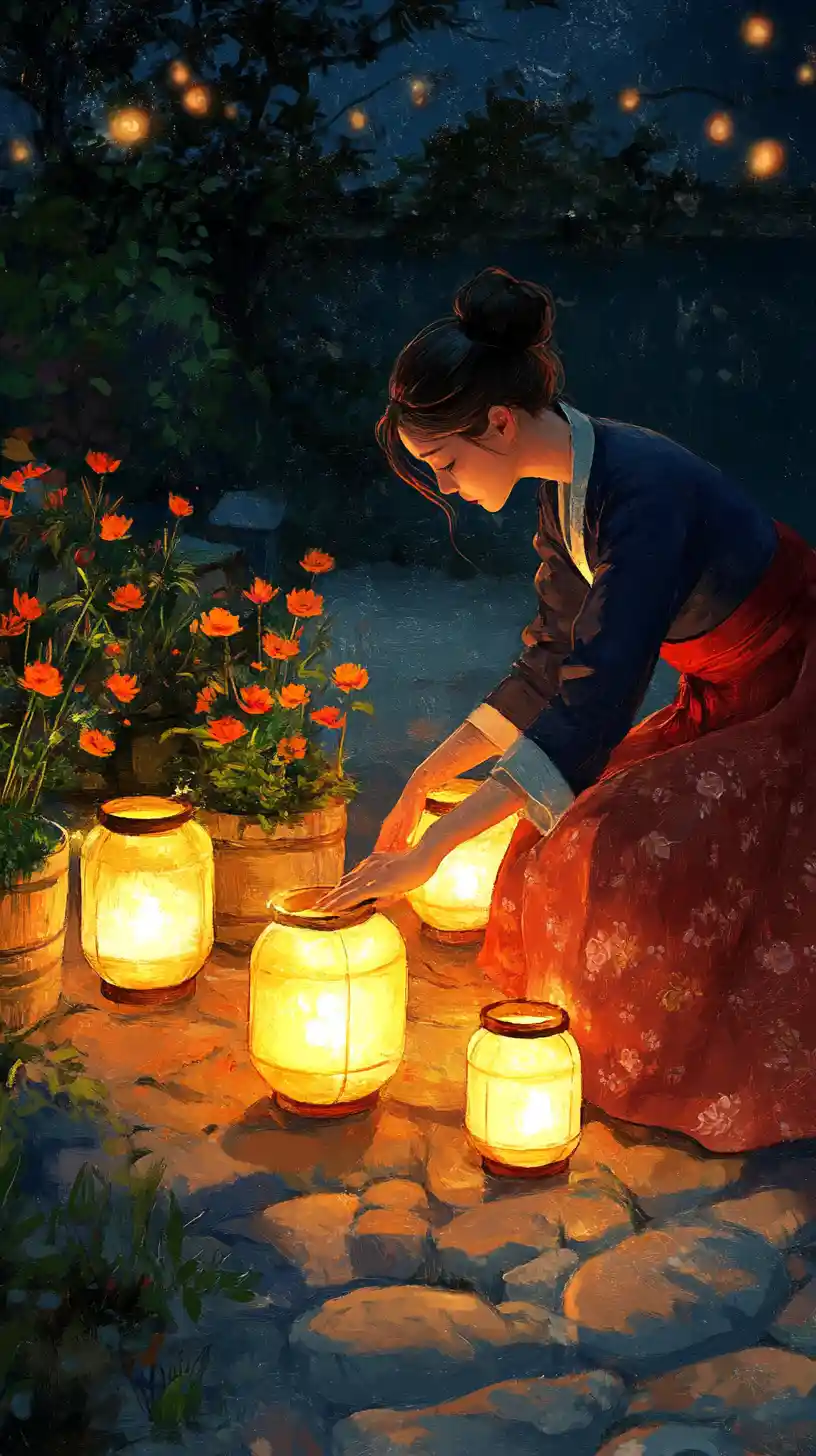 Woman in hanbok placing glowing lantern jars at night