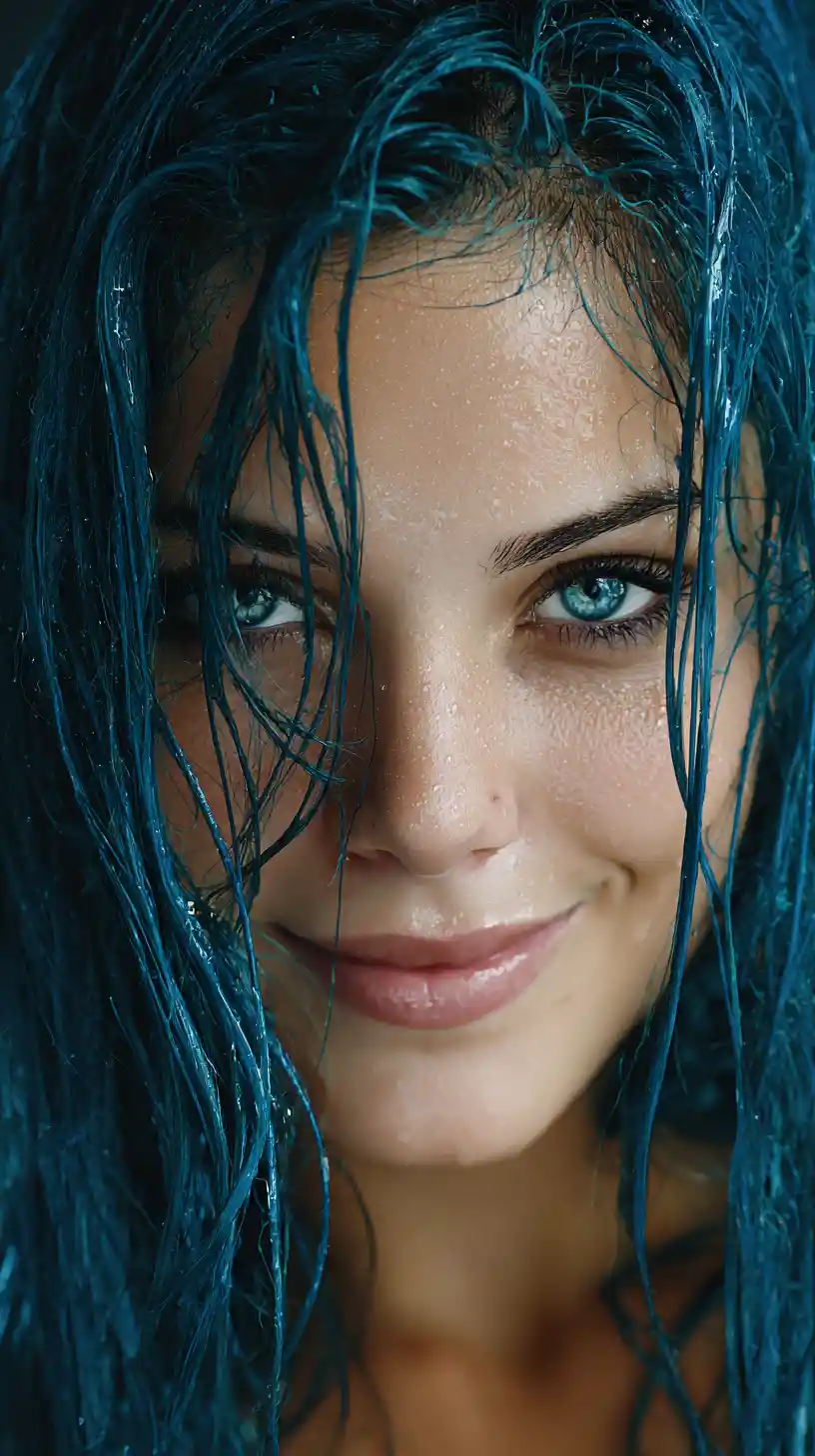 Playful woman with blue wet hair and glistening face