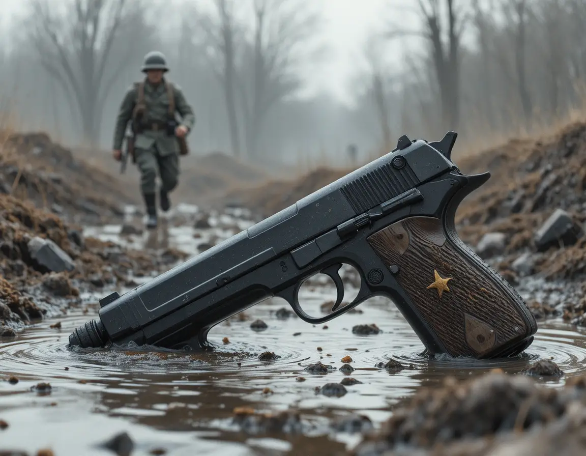 Primo piano di pistola usurata in trincea di guerra fangosa