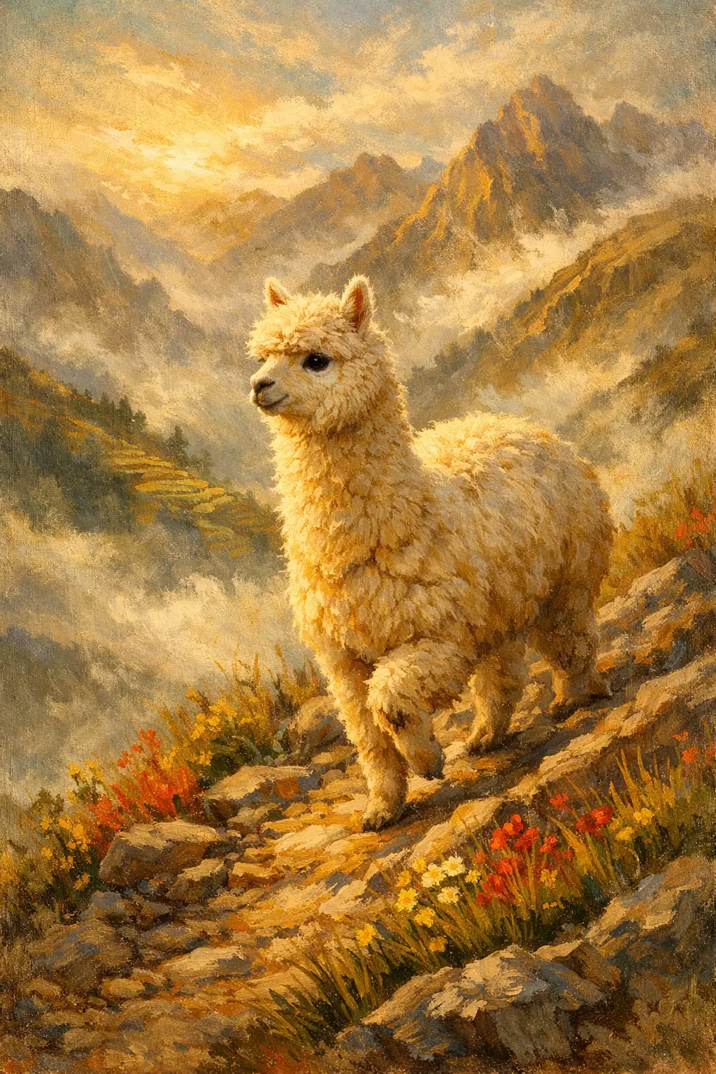 Alpaca Climbing Sunlit Andean Mountain Hillside