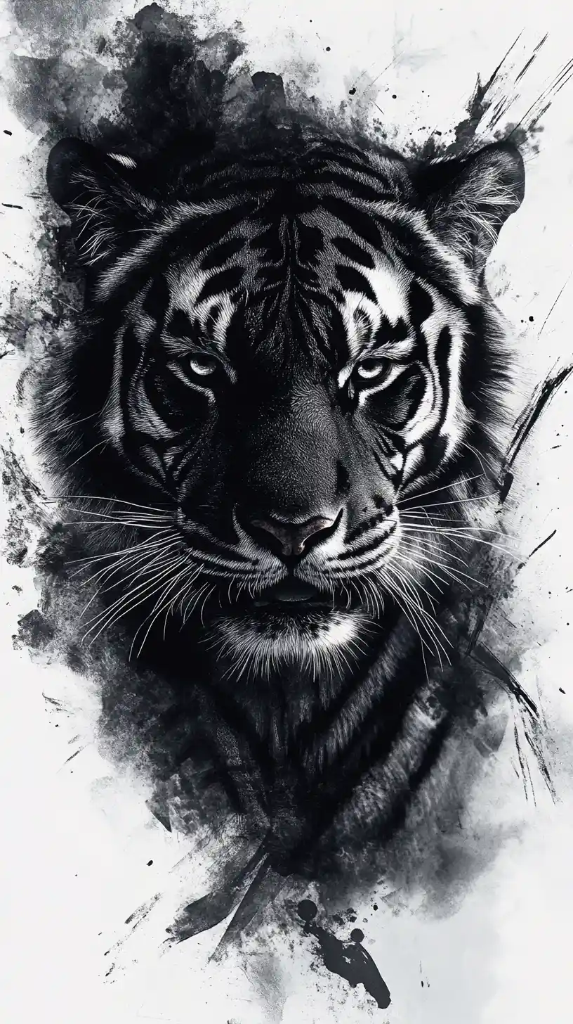 Monochrome watercolor tiger with surreal geometric fragments
