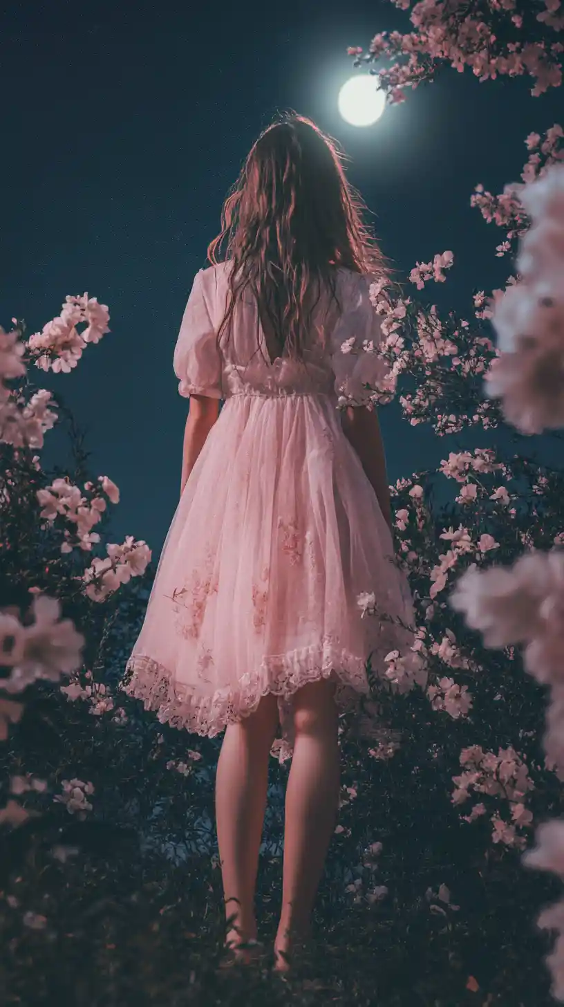 Chica bajo cerezo en flor de noche en resplandor rosa