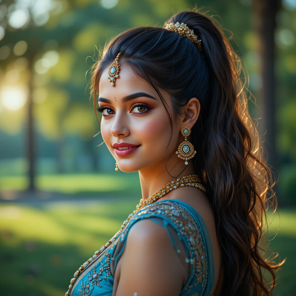 Indian girl portrait in cyan saree with dramatic colored light