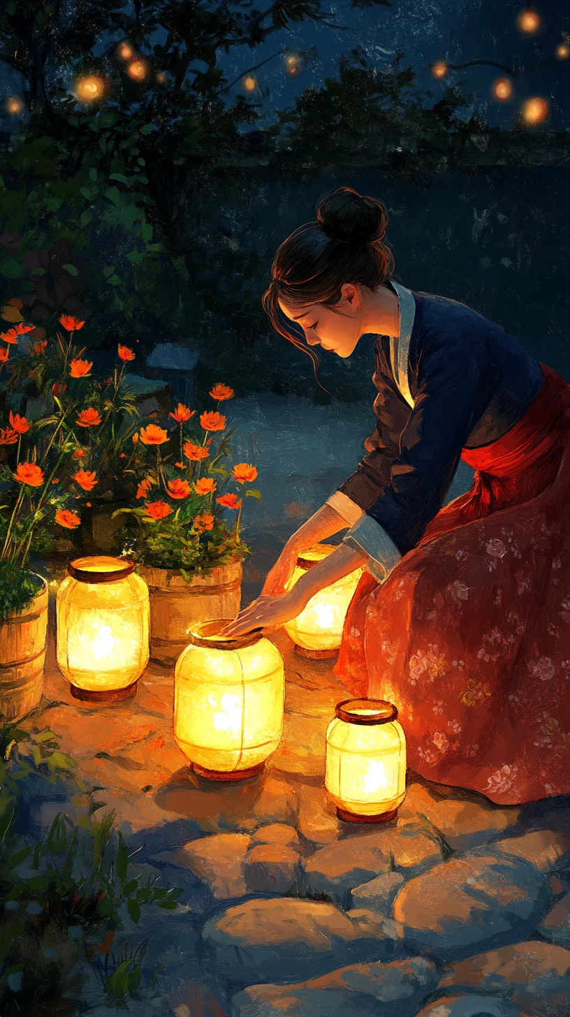 Mulher de hanbok colocando potes de lanterna brilhantes à noite