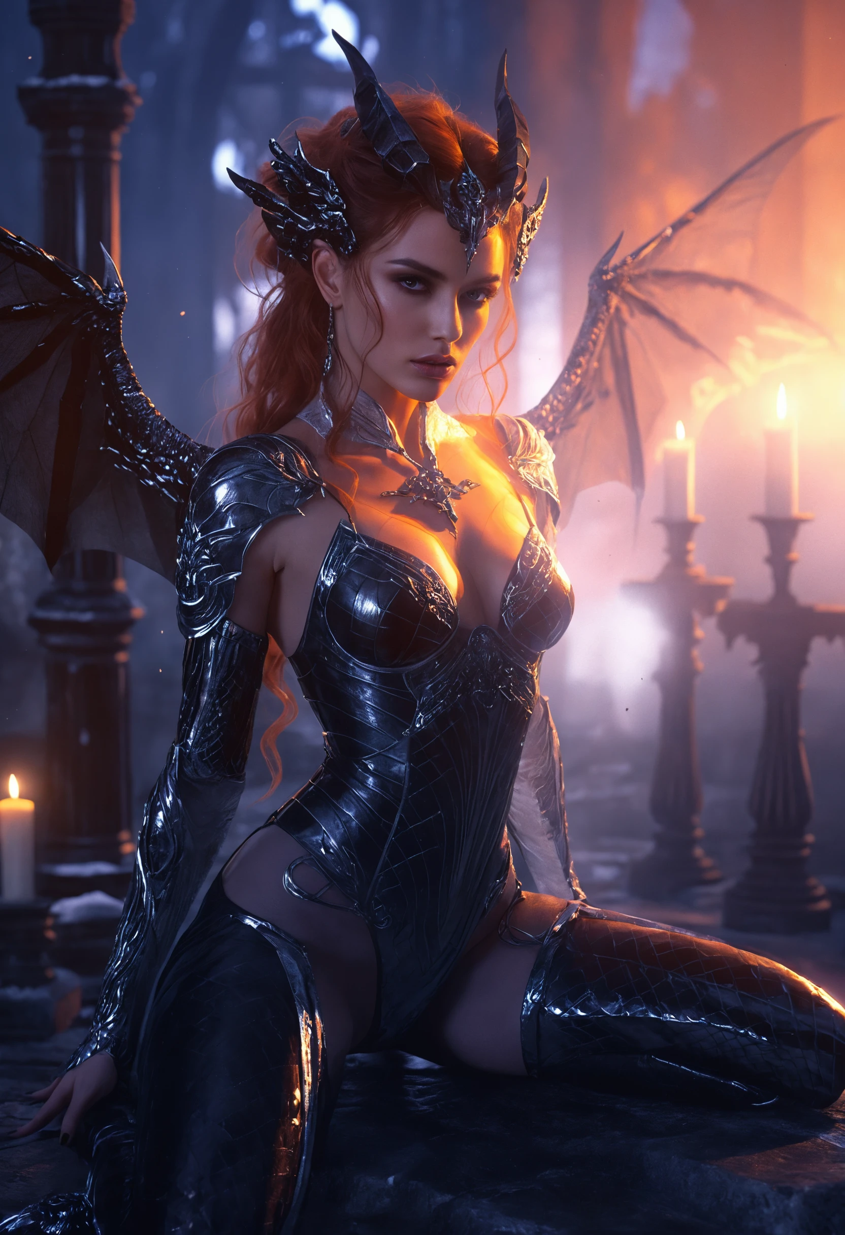 Dark fantasy femme fatale standing in ethereal moonlight