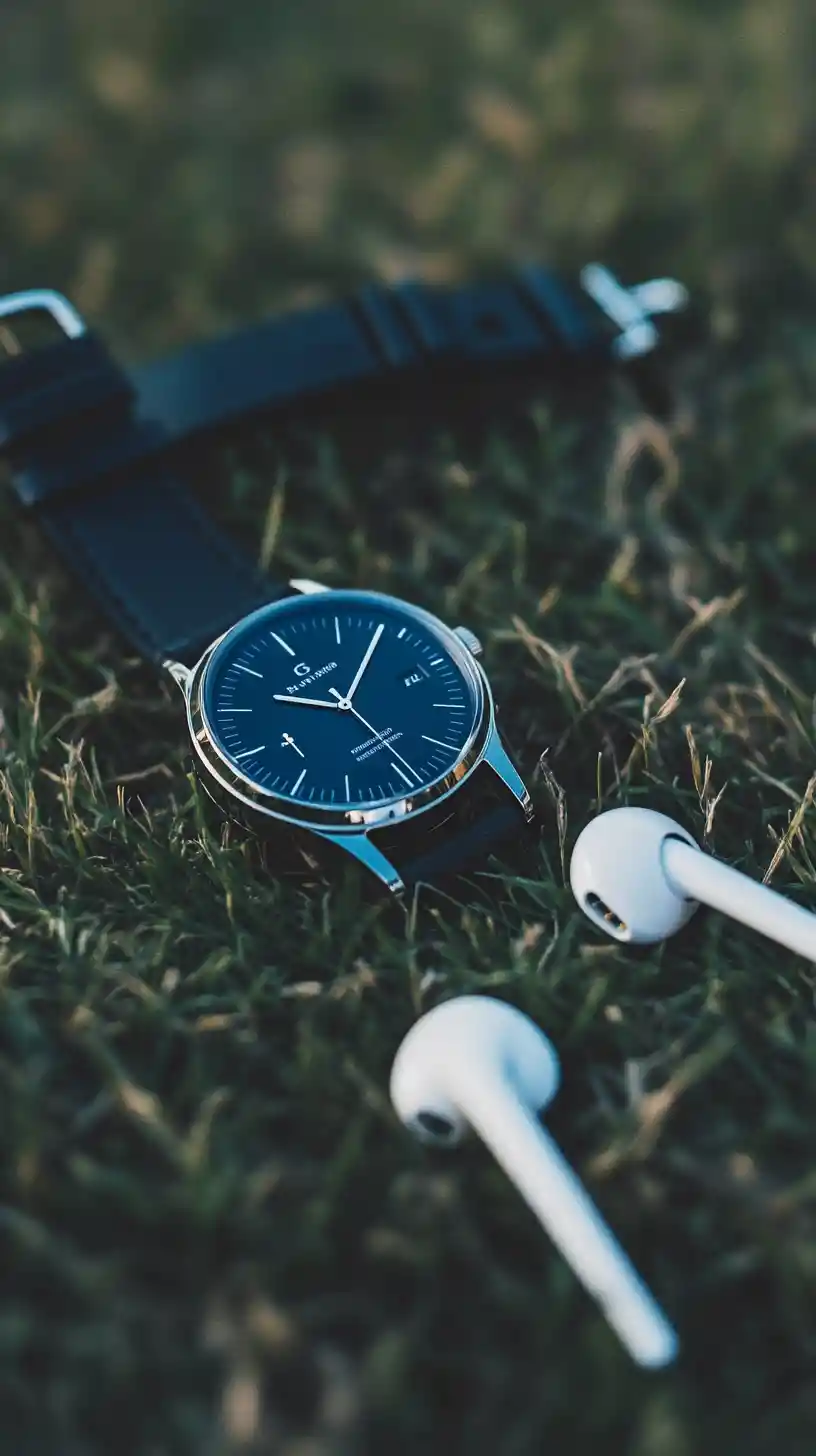 Close up wristwatch and earphones resting on green grass