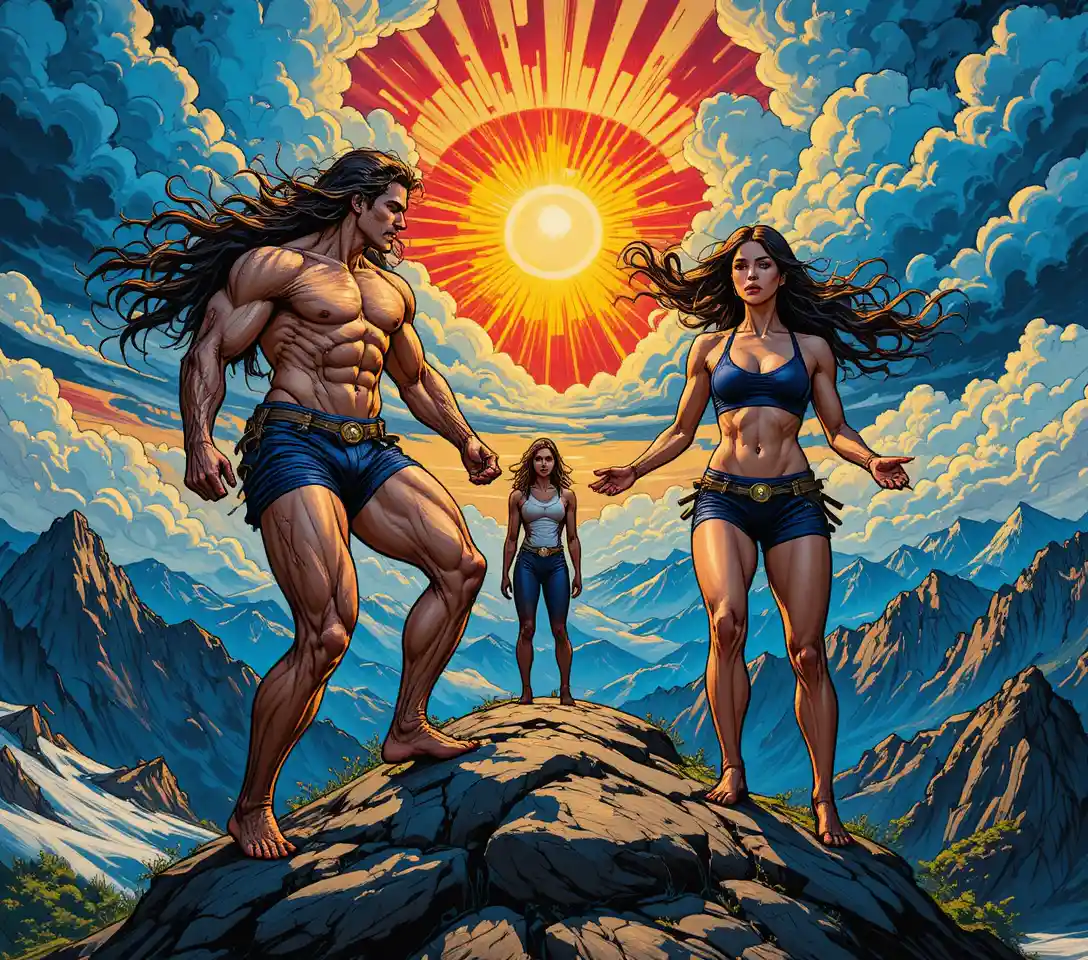 Muscular warrior women lifting a massive rock on a mountain