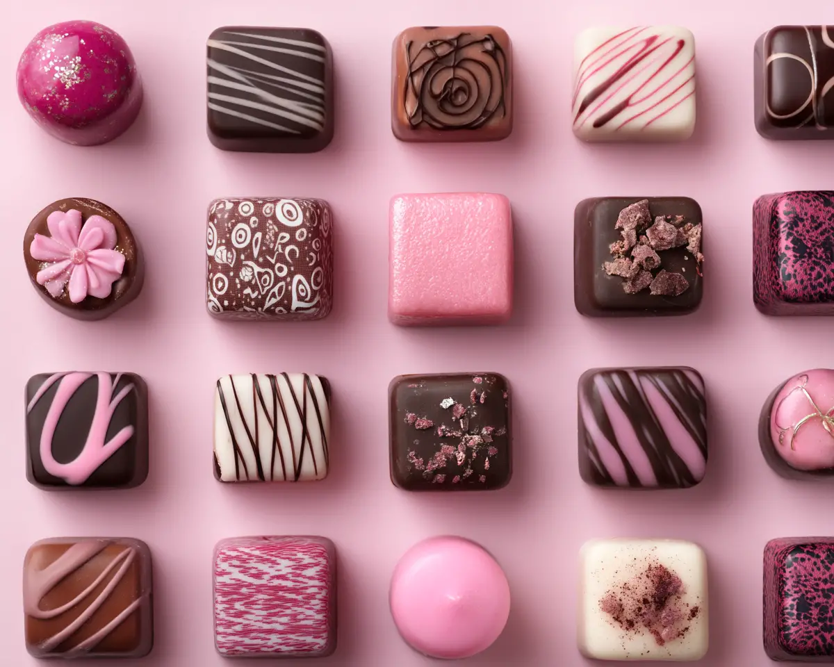 Flat lay of gourmet chocolates and pink dessert sweets