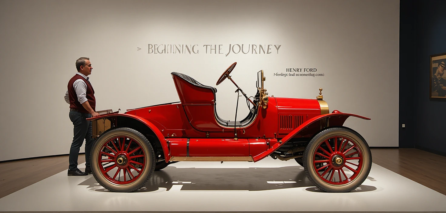 Red vintage Ford car on display in a museum gallery