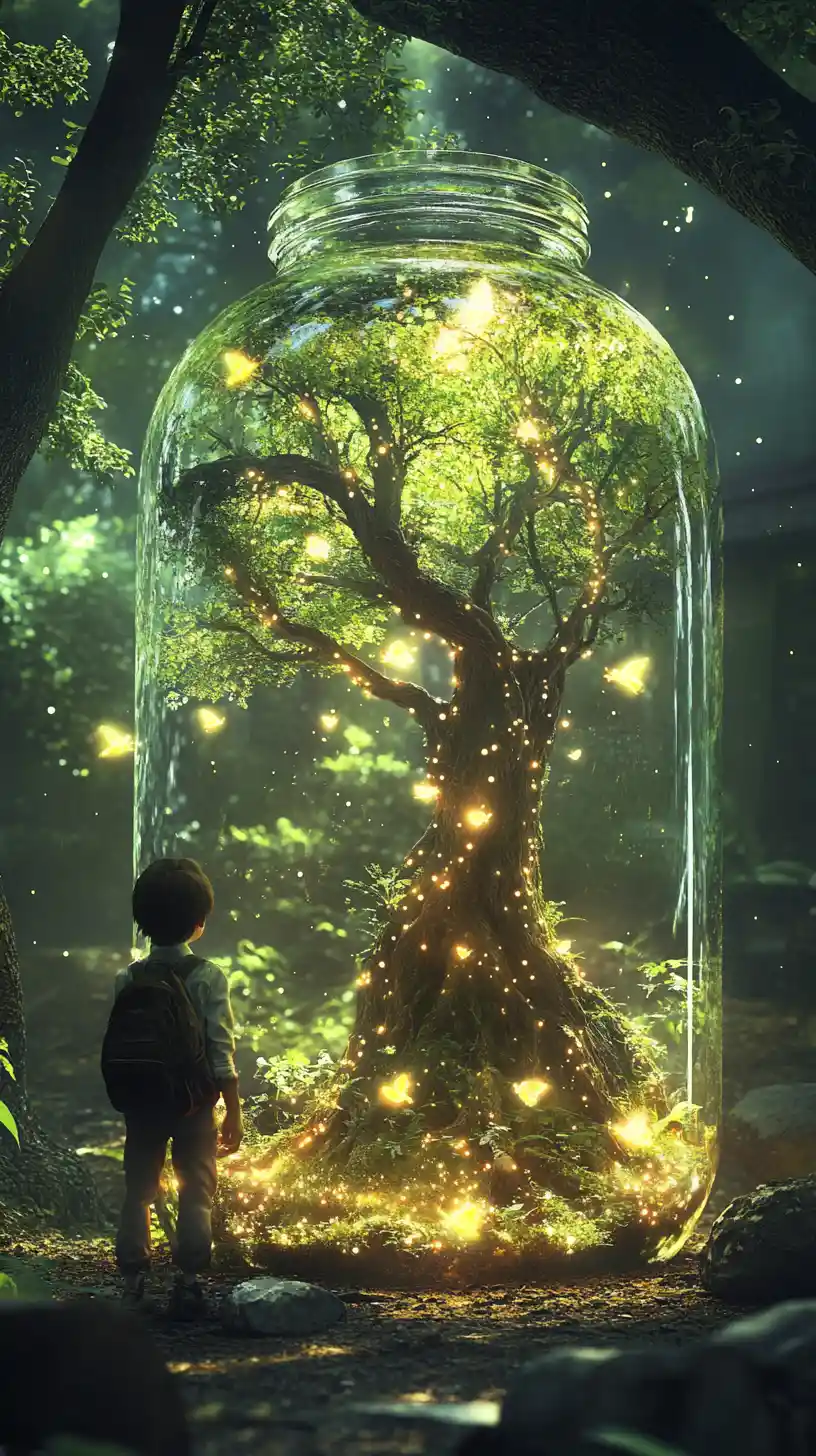 Junge beobachtet magischen Baum‑Lebensraum in einem Glasgefäß