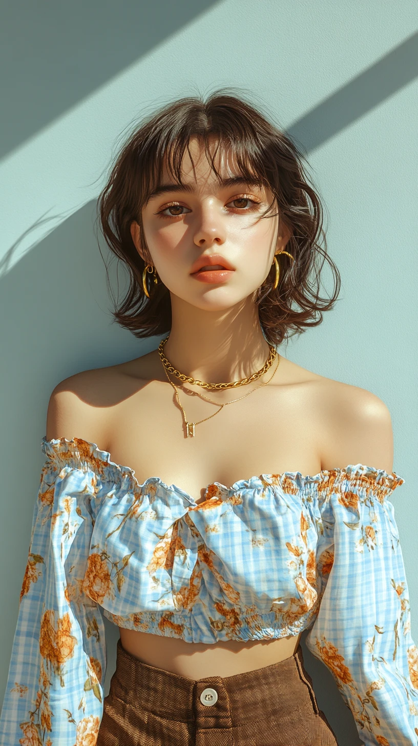 Anime girl in blue patterned blouse against light blue wall