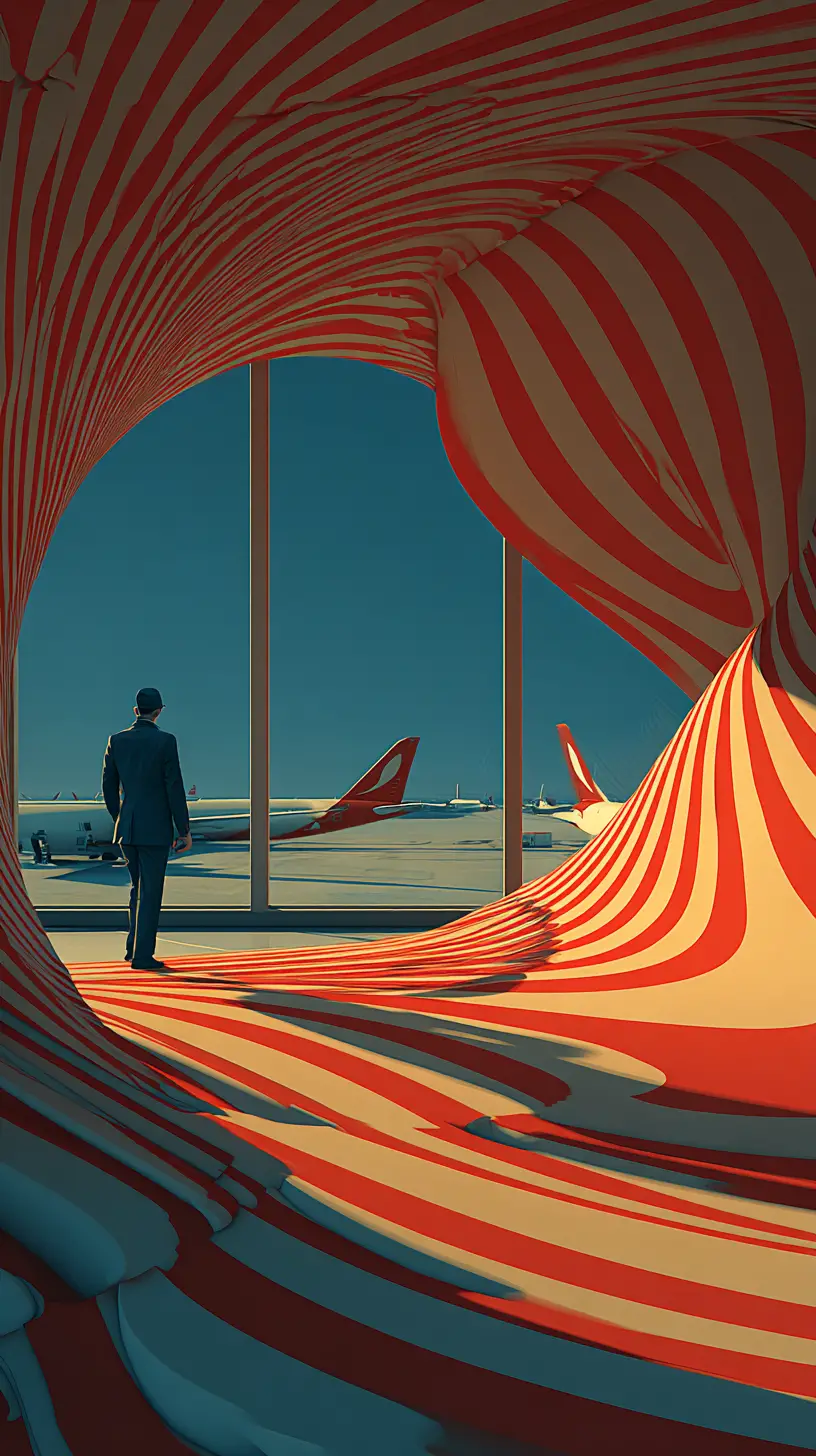 Traveler In Futuristic Airport Terminal From Afar