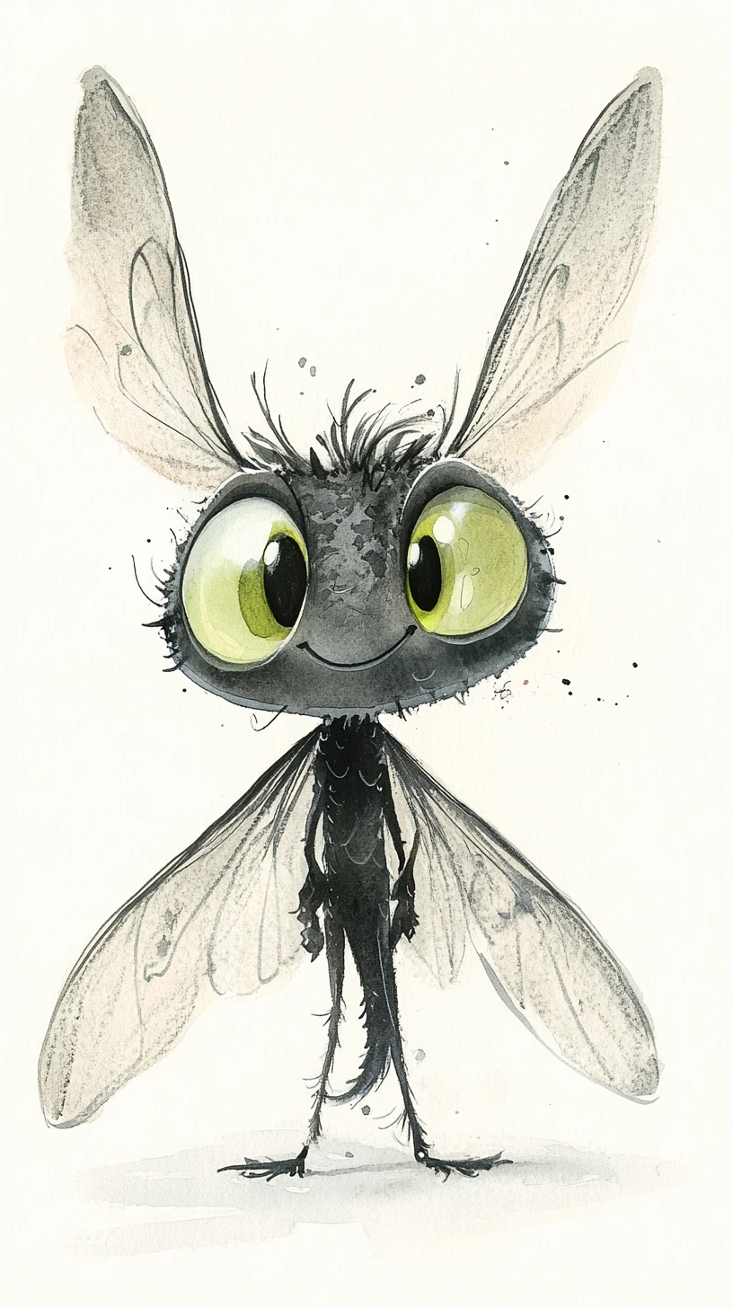 Whimsical Watercolor Insect With Shining Green Eyes
