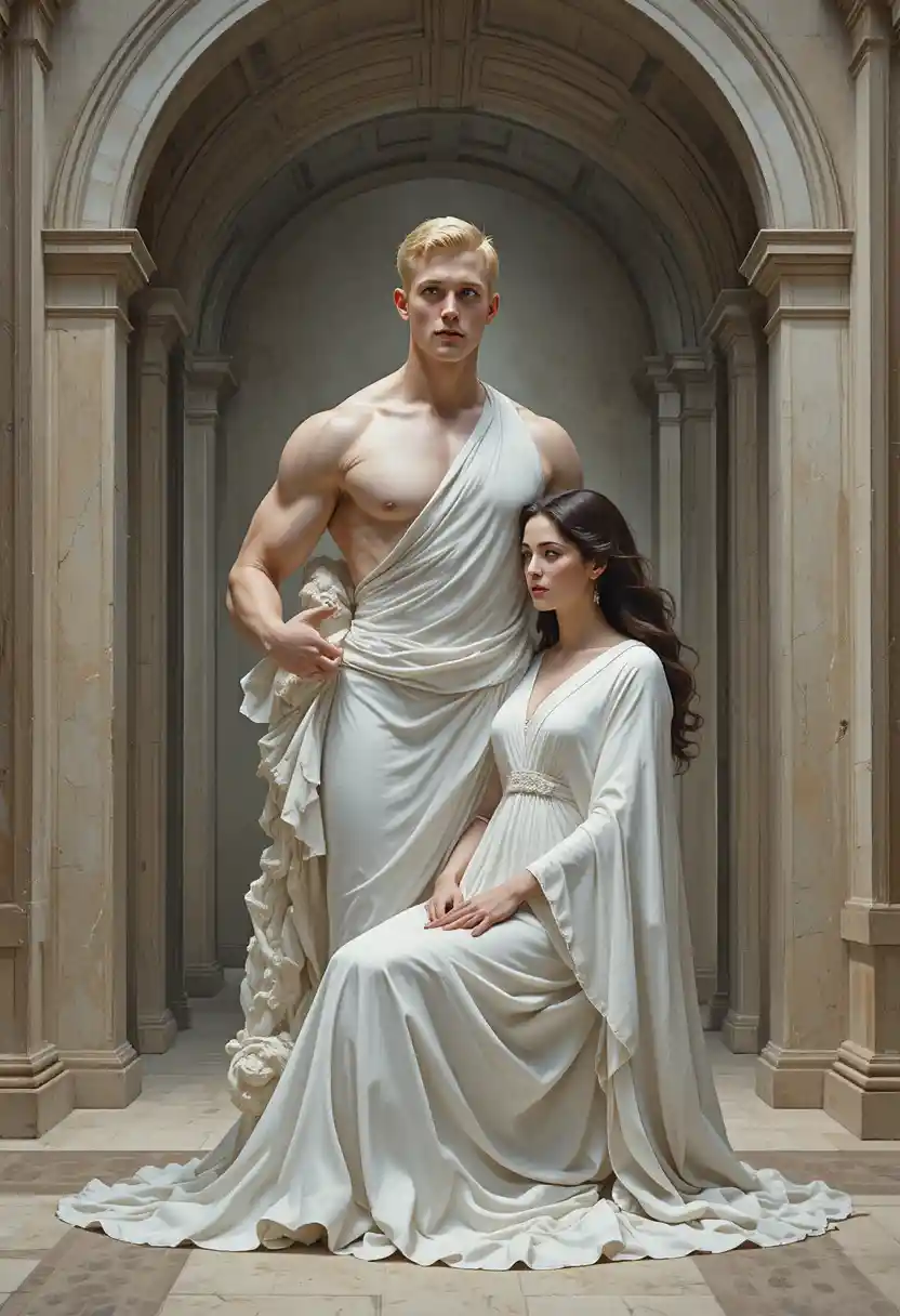Young man in white tunic caught in mystical transformation