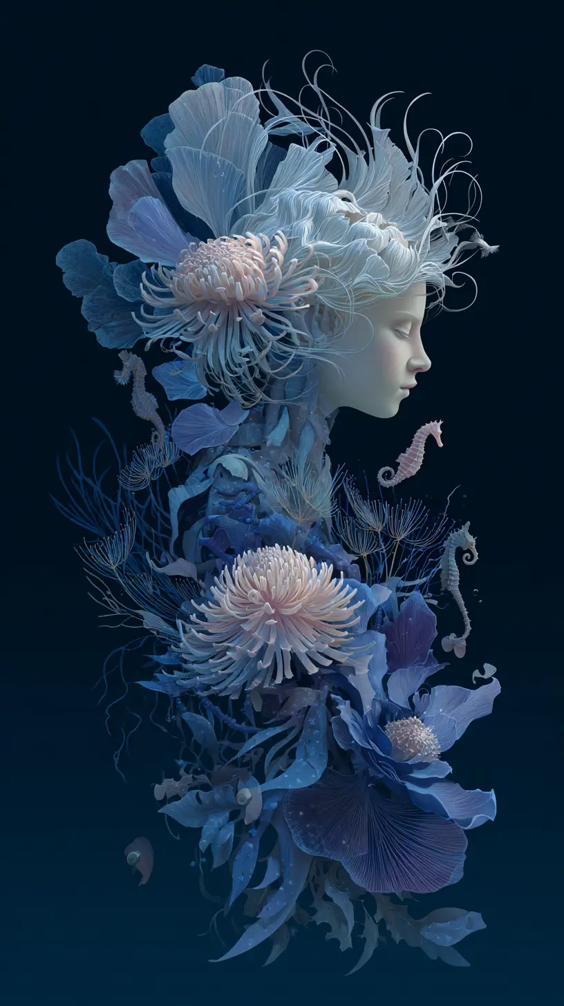 Young woman fused with glowing abyssal flora underwater