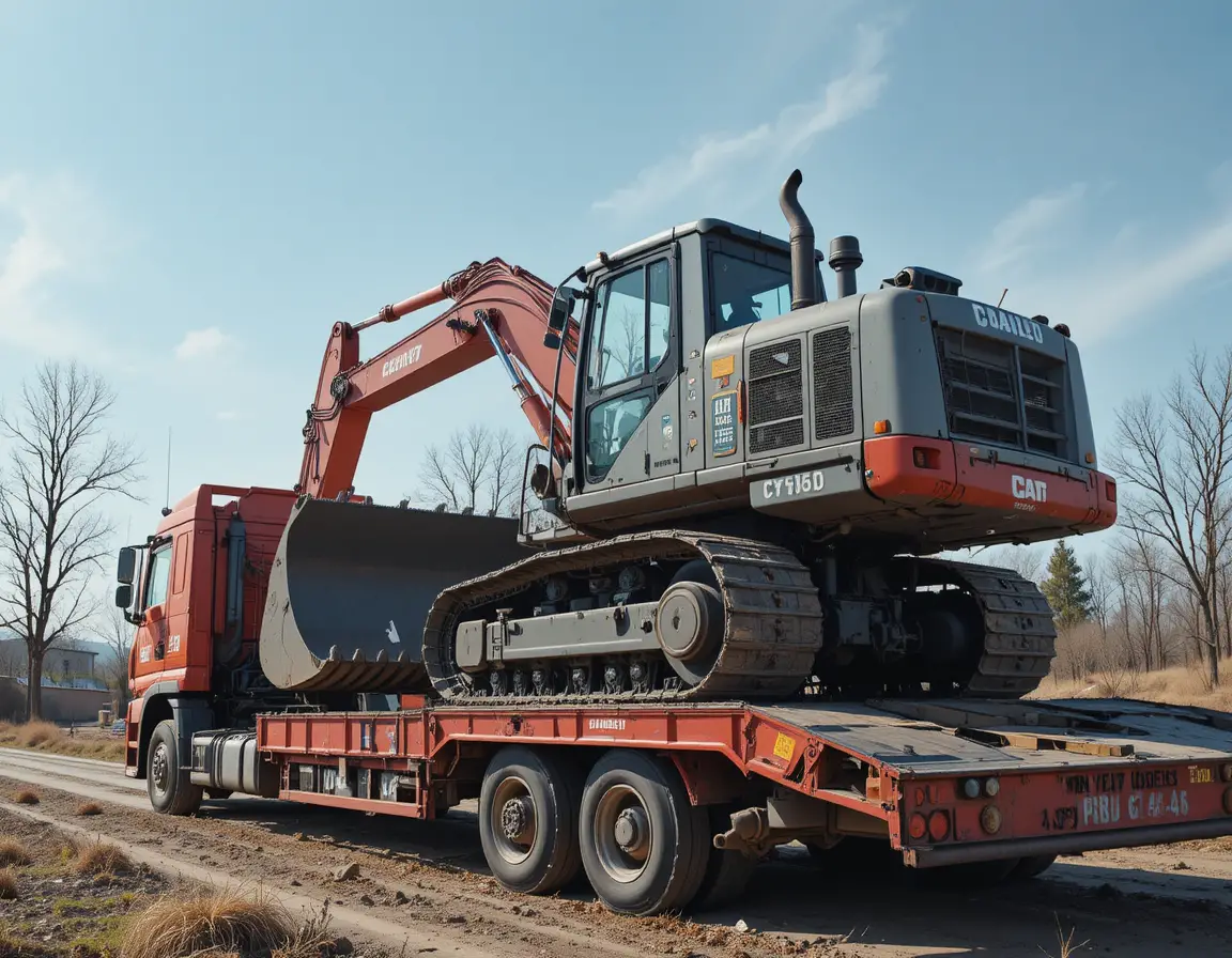 Red excavator transporting a gray bulldozer on site