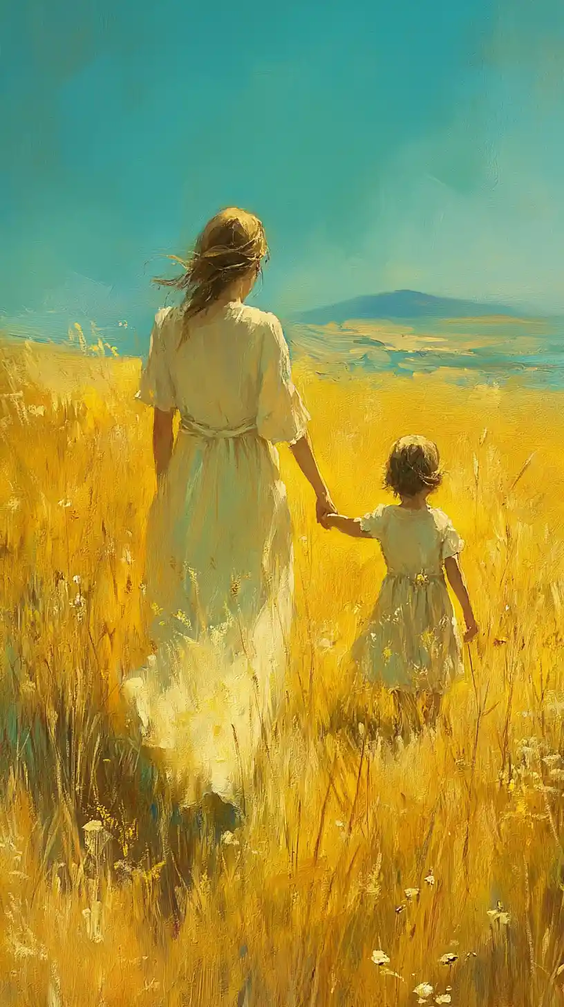 Mother and child walking through a sunlit yellow field